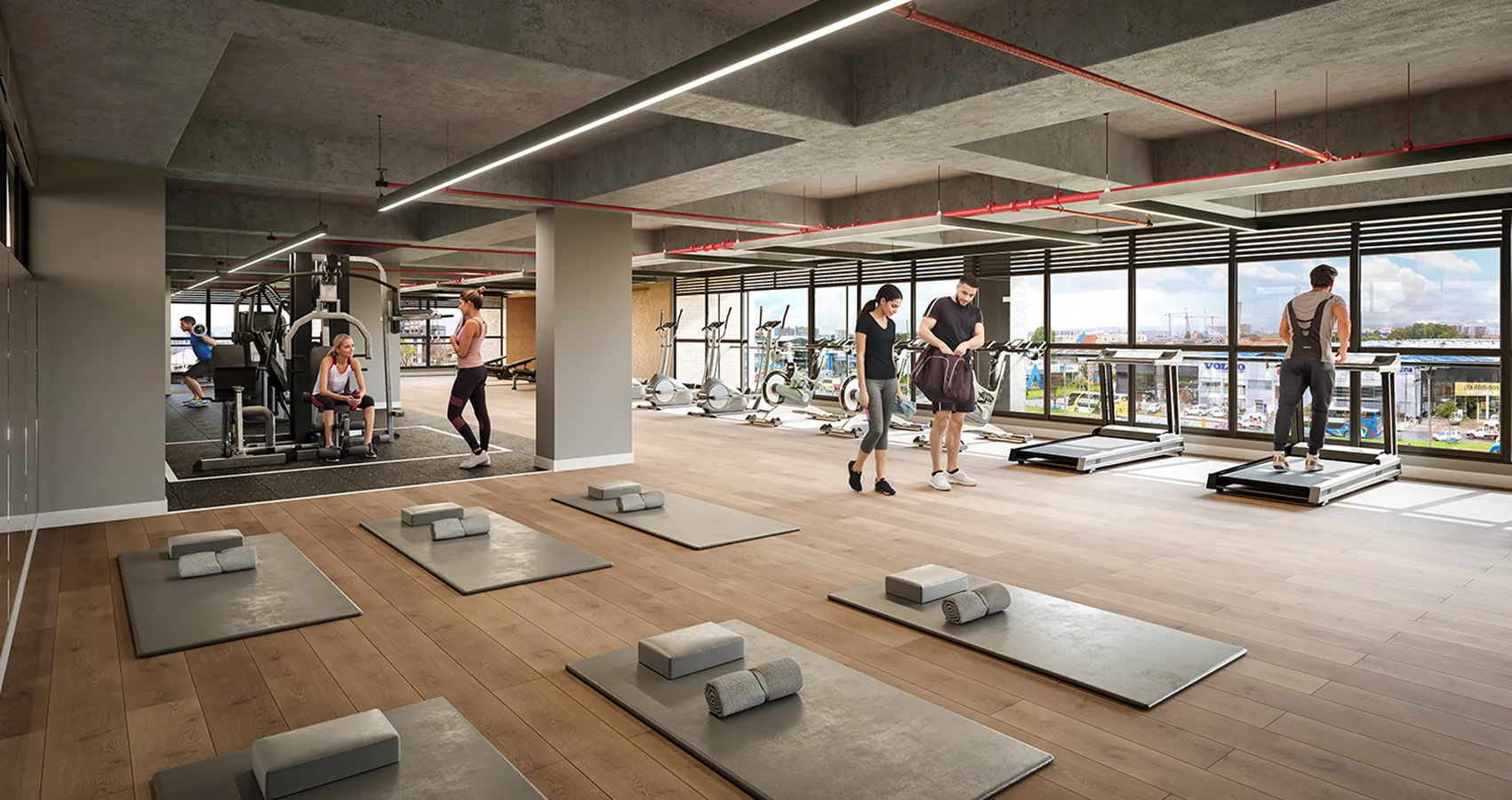 Gimnasio en el proyecto Central 68 en Bogotá, equipado para el ejercicio y el bienestar físico de los residentes