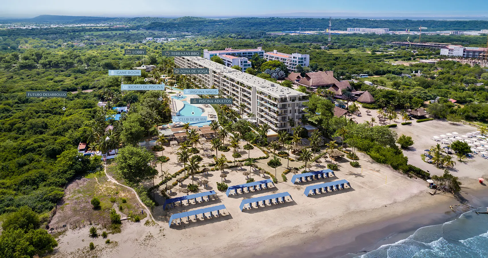 Vista aérea de la playa en el proyecto Isola Praia, Cartagena: Imagen destacando la proximidad a la playa.