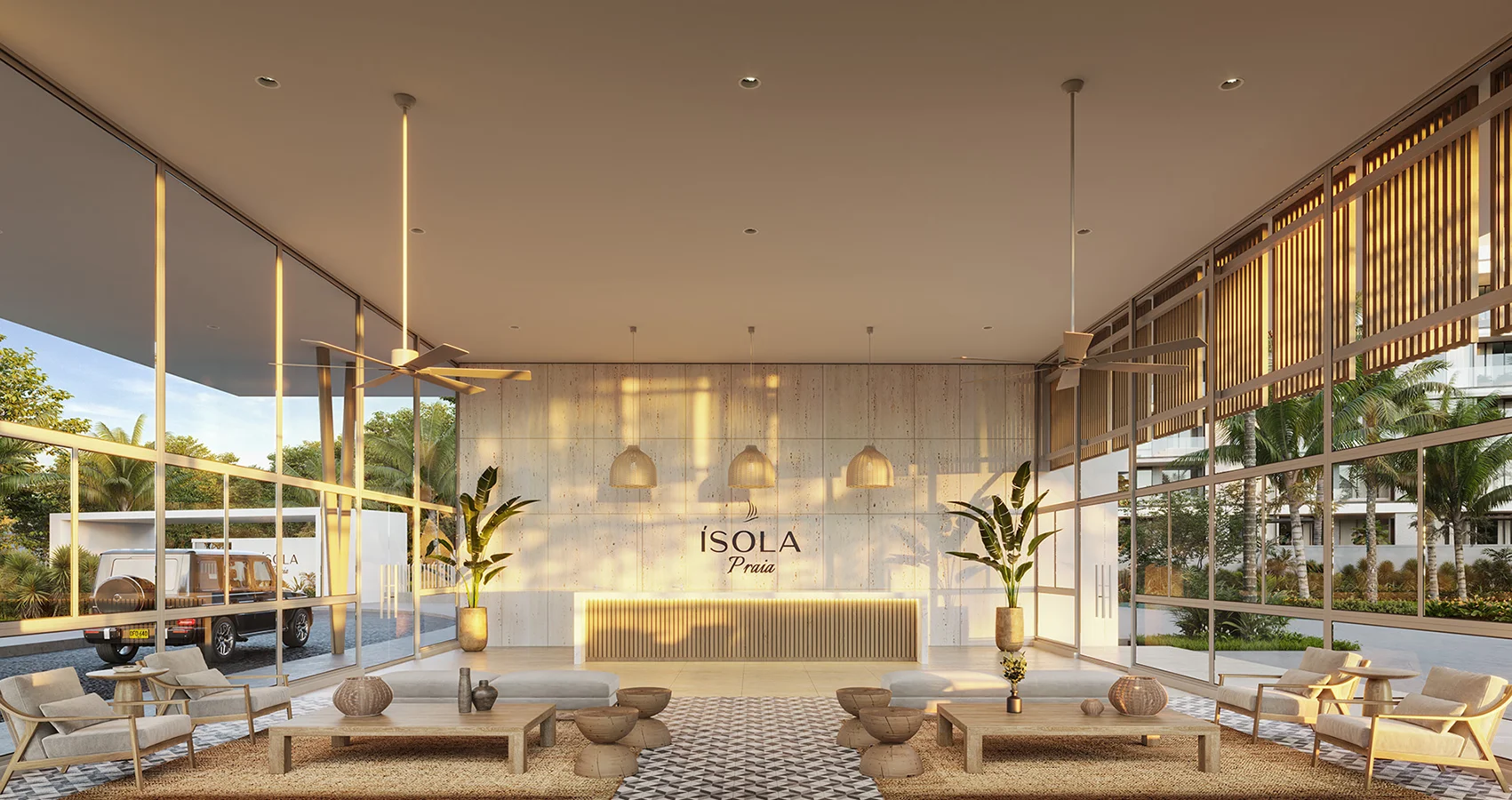 Lobby del proyecto Isola Praia con diseño interior moderno y acogedor para recibir a los residentes.