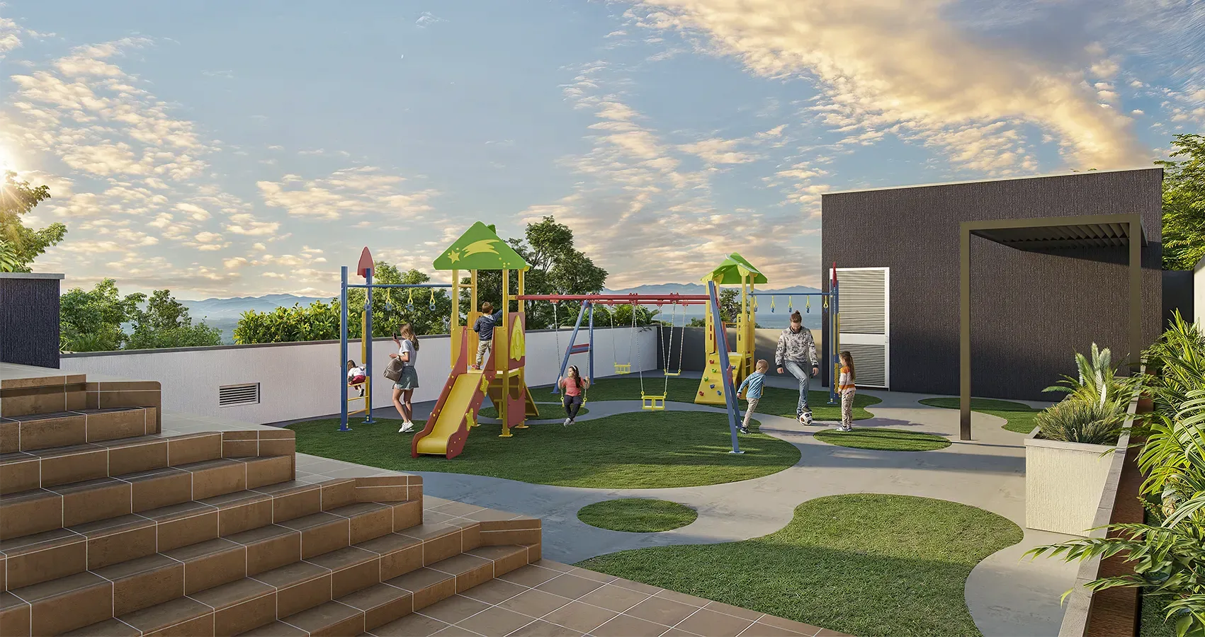 Juegos infantiles del proyecto Sol Terra, Armenia: Zona recreativa para niños en un entorno seguro.