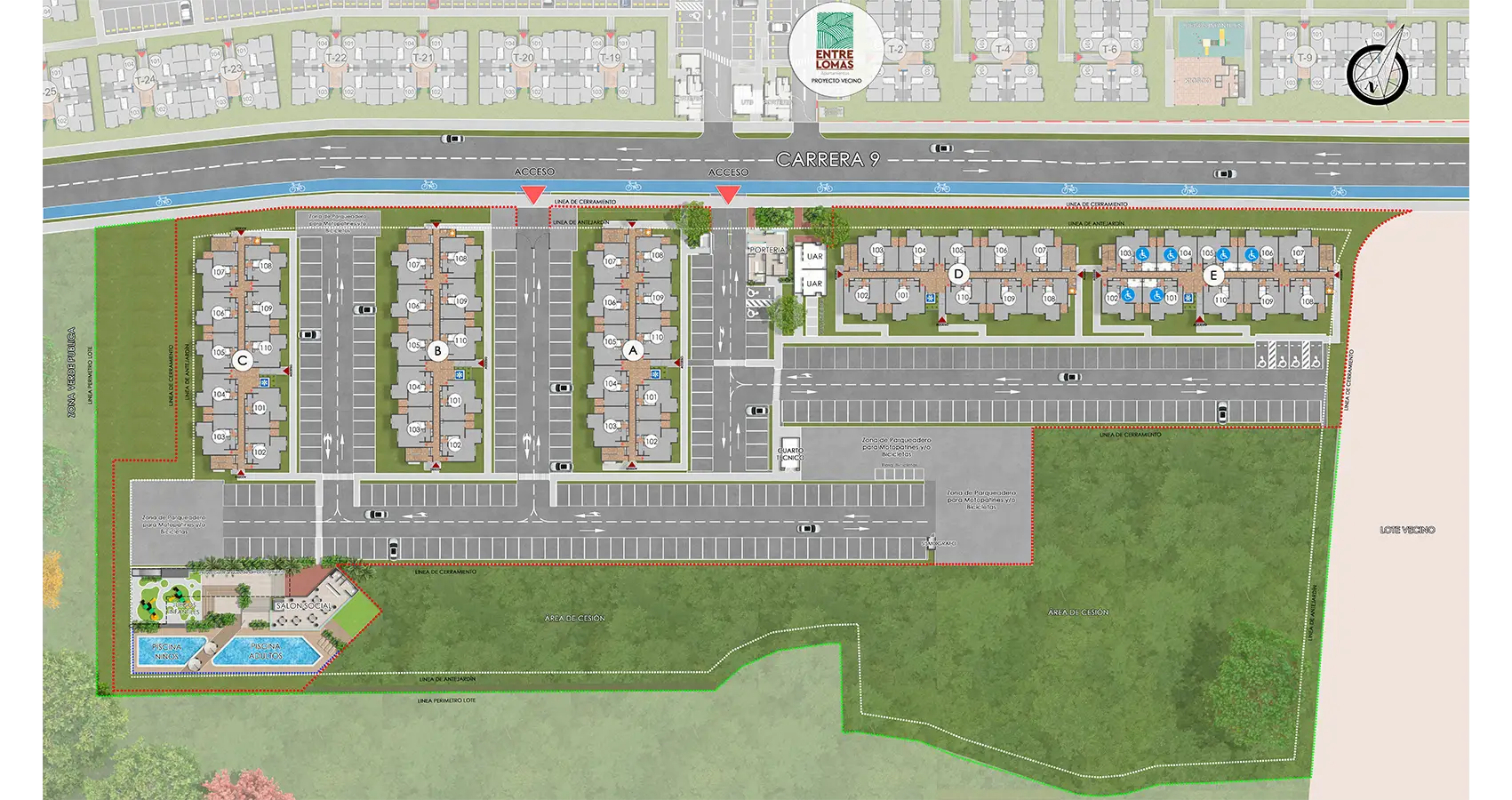 Planta urbana del proyecto Sol Terra, Armenia: Vista general de la disposición urbanística del proyecto.