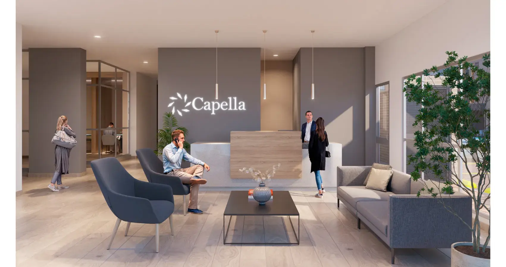 Lobby del proyecto Capella en Bogotá, diseñado para ofrecer una cálida bienvenida