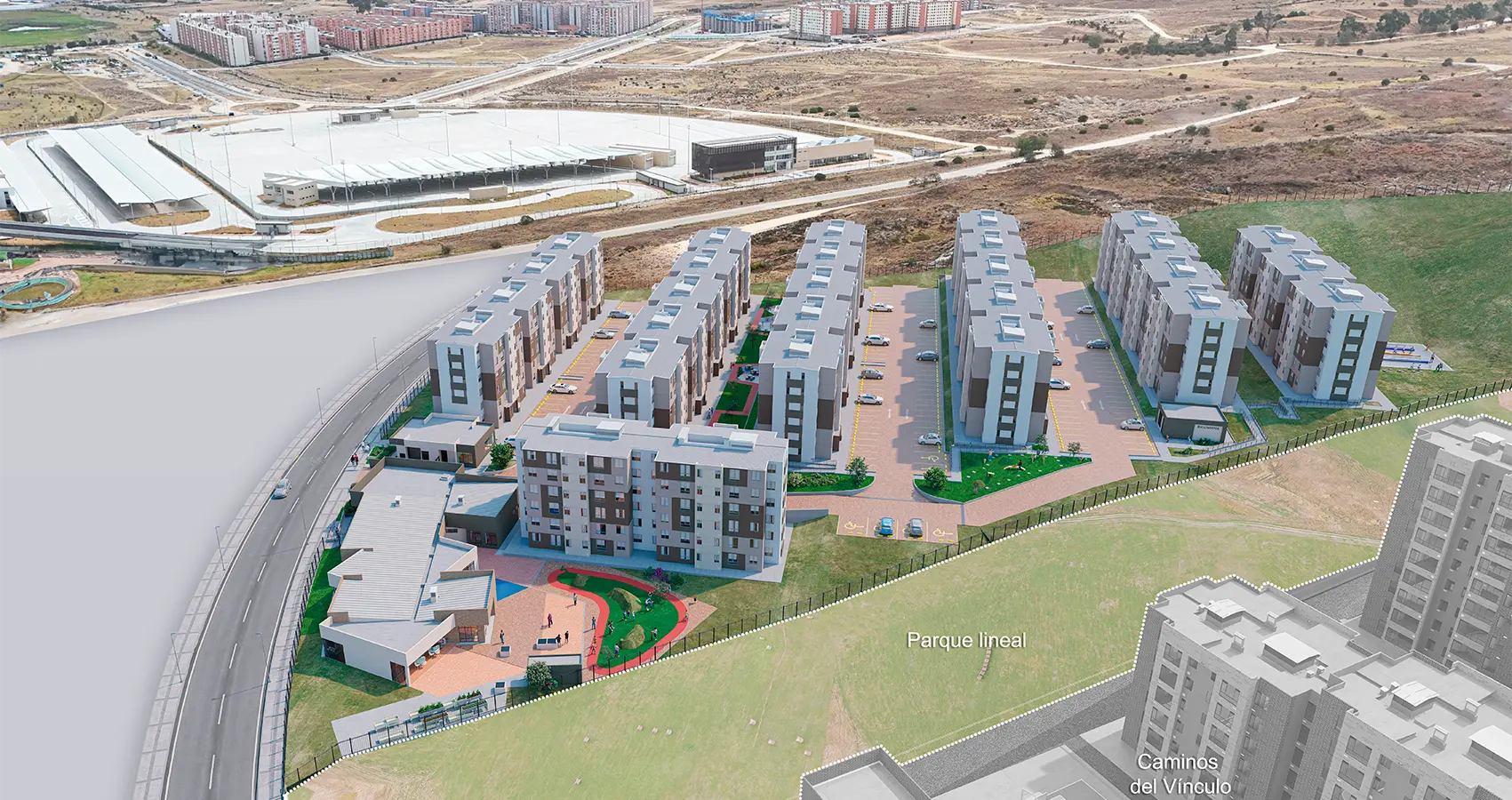 Imagen aérea del proyecto Parques del Vínculo : Distribución detallada del conjunto residencial y sus áreas comunes.