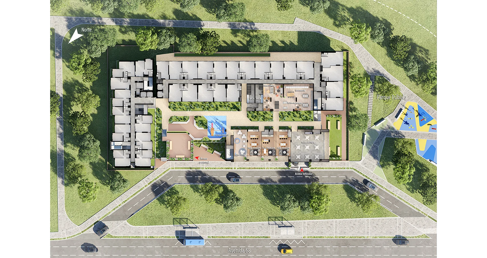 Plano urbano del proyecto Central 68 en Bogotá, visualizando la distribución de áreas comunes y edificios