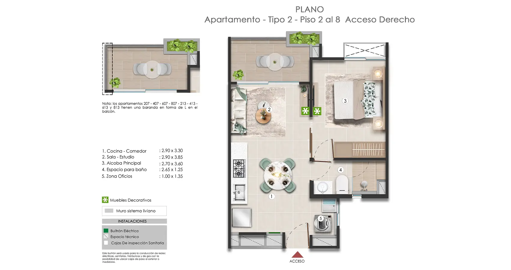 Apto tipo 38.88 Piso 2, 4, 6 y 8 del Proyecto Nómada 117