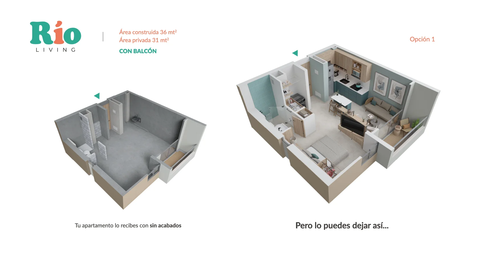 Axonometria Rio Living 55m2 Con Balcón