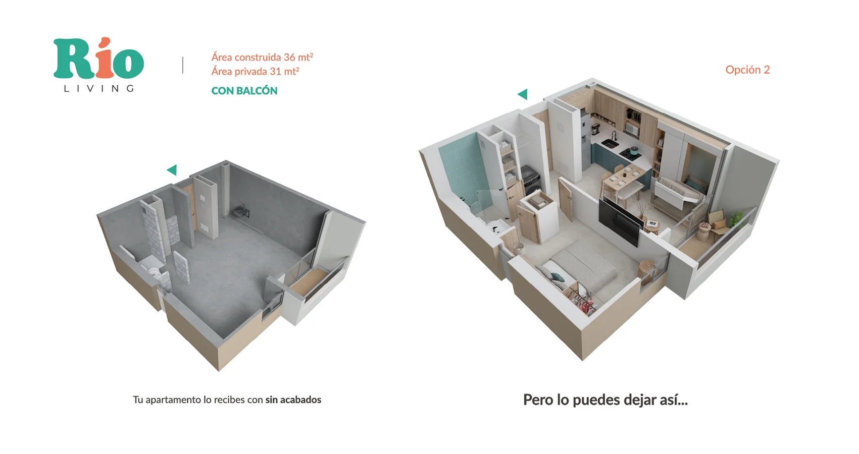 Axonometria Rio Living 55m2 Con Balcón