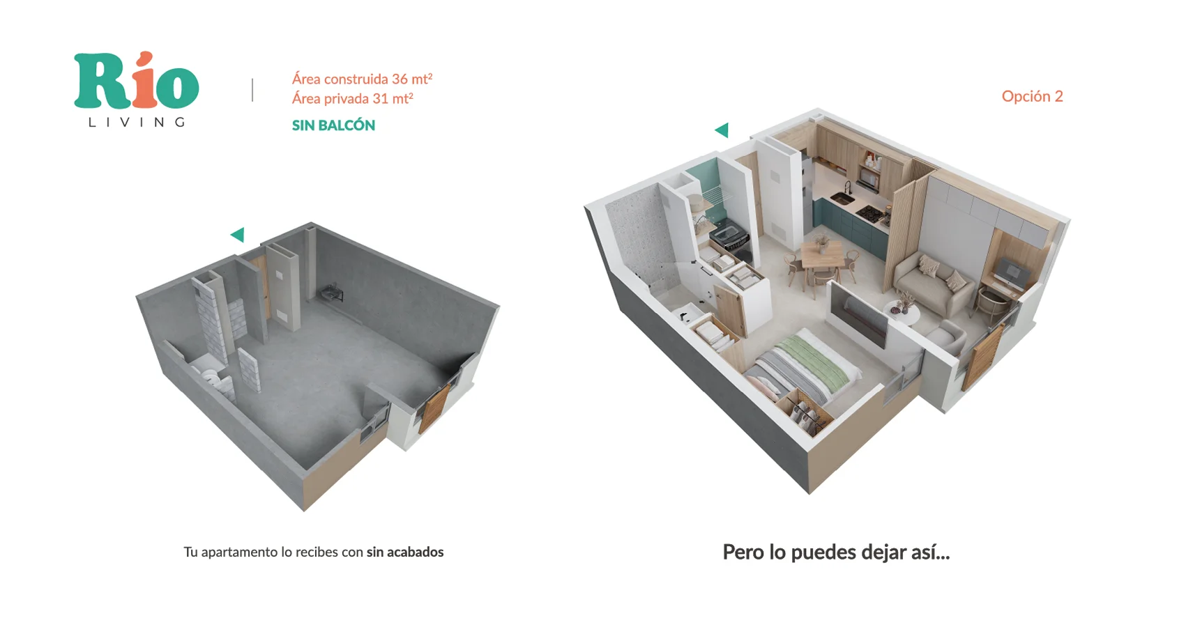 Axonometria Rio Living 55m2 Sin Balcón