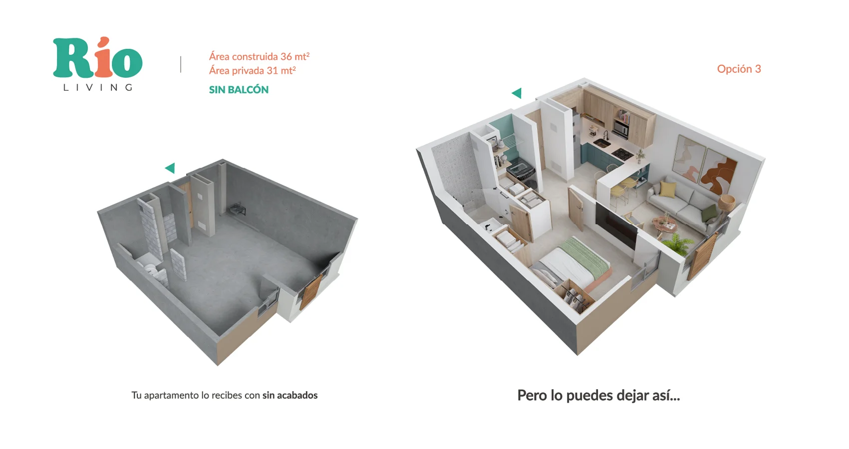 Axonometria Rio Living 55m2 Sin Balcón