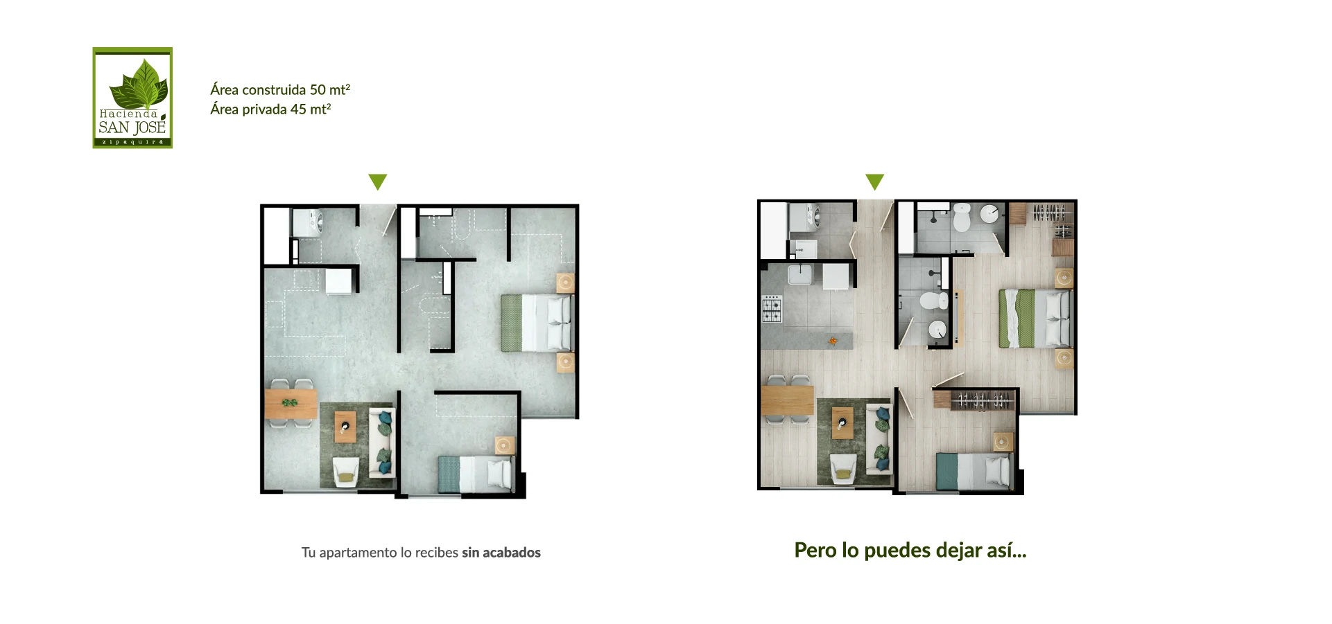 Apartamento tipo 50 en el proyecto Hacienda San José en Zipaquirá, mostrando el diseño y distribución del espacio.