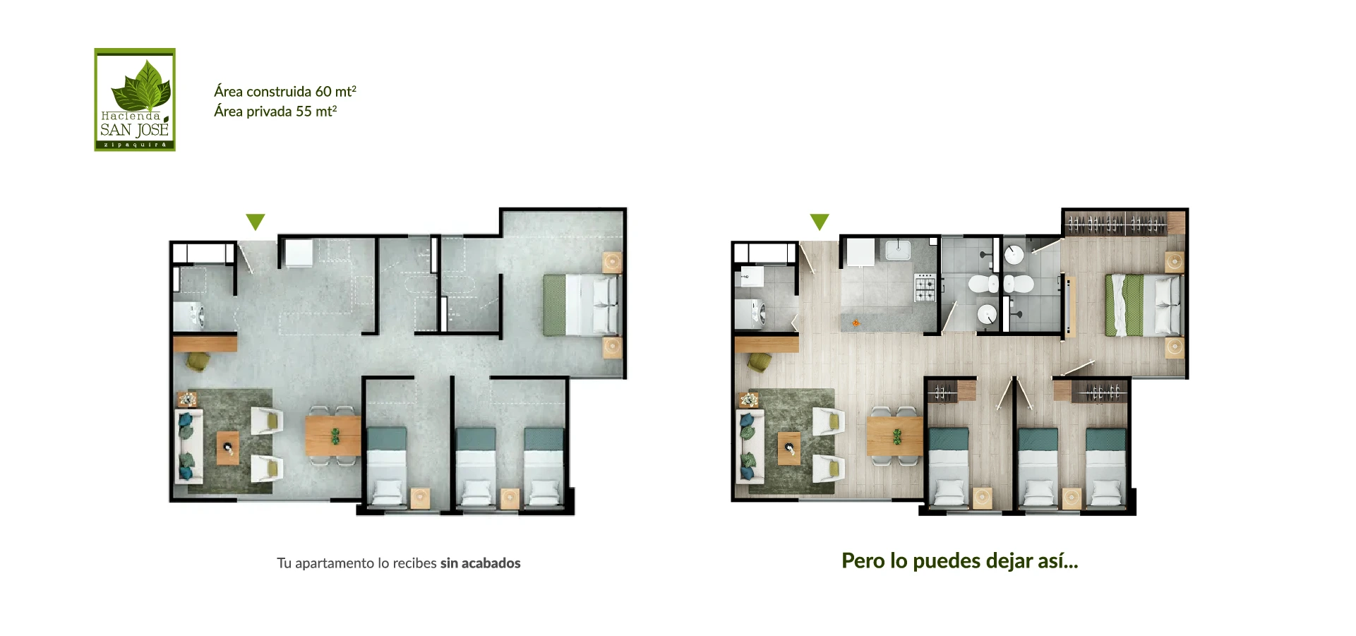 Apartamento tipo 60 en el proyecto Hacienda San José en Zipaquirá, mostrando el diseño y distribución del espacio.