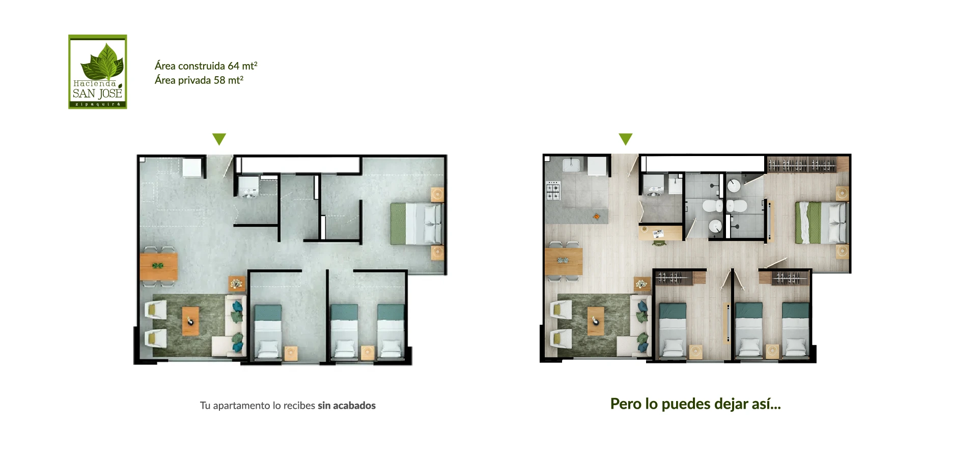 Apartamento tipo 74, piso 2, en Hacienda San José, Zipaquirá, mostrando su disposición en altura.