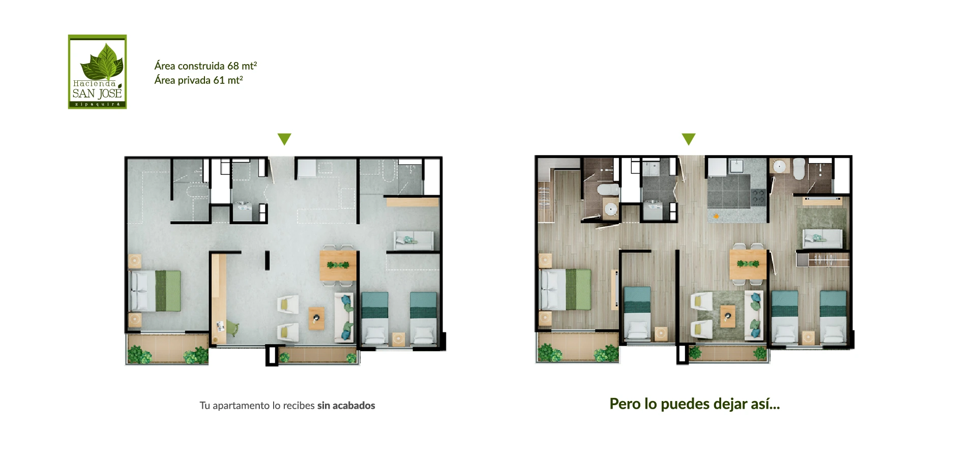 Apartamento tipo 68 en Hacienda San José, Zipaquirá, destacando la organización y distribución del espacio.