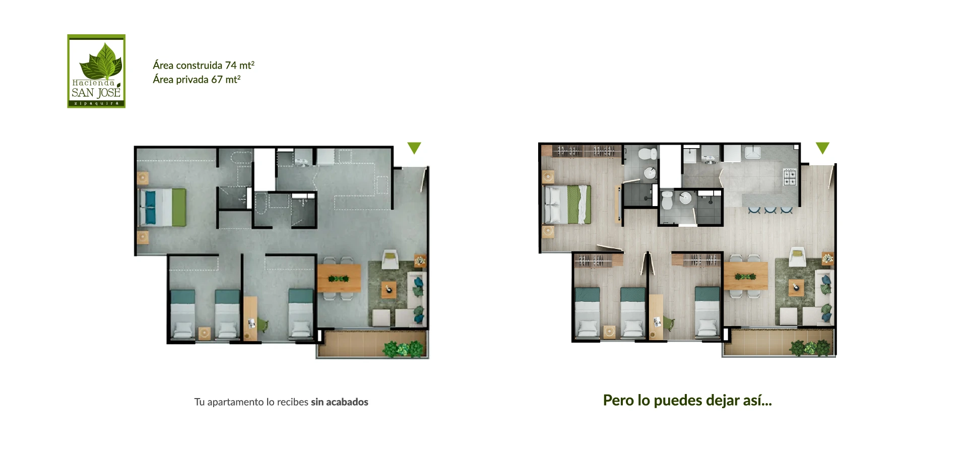 Apartamento tipo 74, piso 2, en Hacienda San José, Zipaquirá, mostrando su disposición en altura.