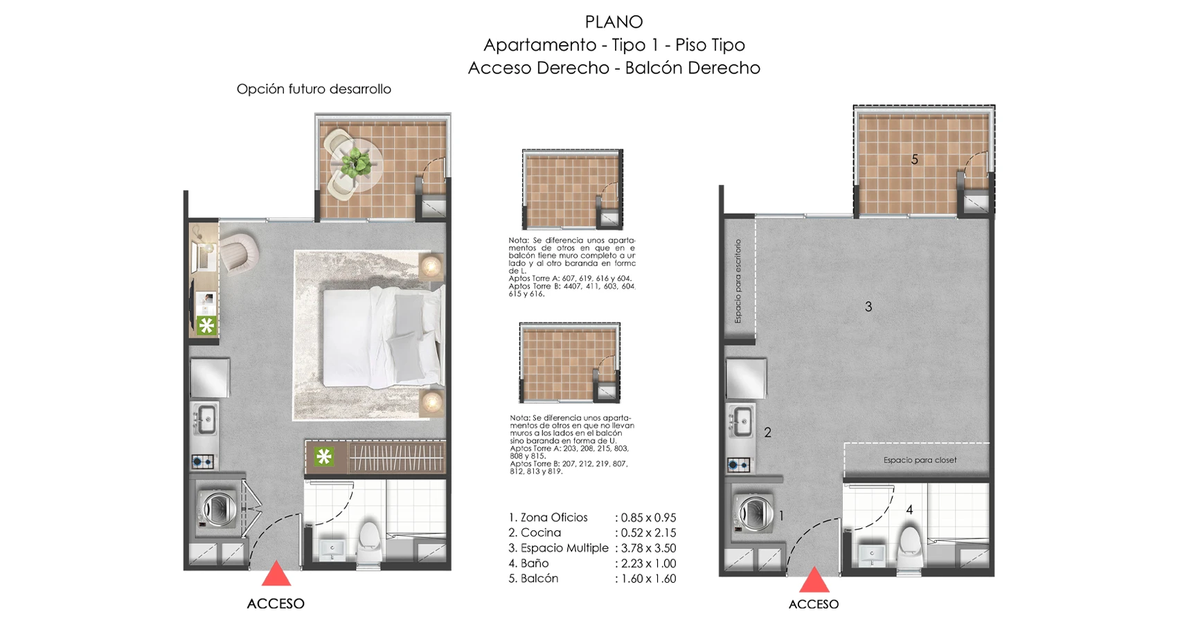 Plano apto tipo 1 del proyecto Miretta Living