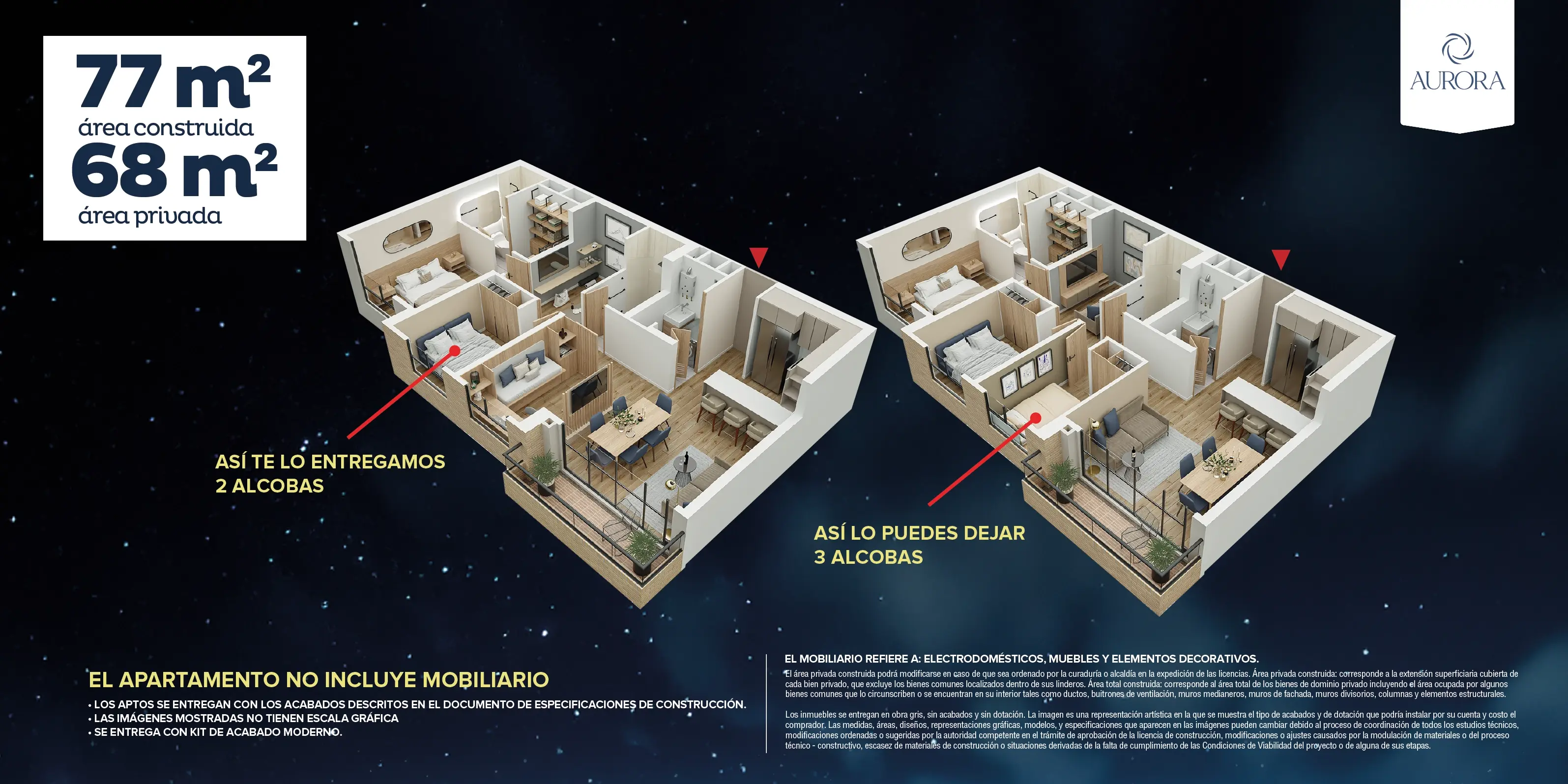 Apto Tipo 77 del proyecto Aurora - axonometría 
