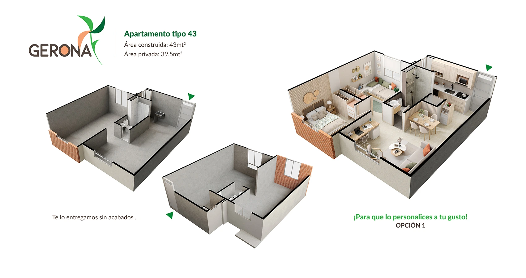 Axonometría del apartamento tipo 43 m² (1) - Gerona : Vista en detalle del diseño interior del apartamento.