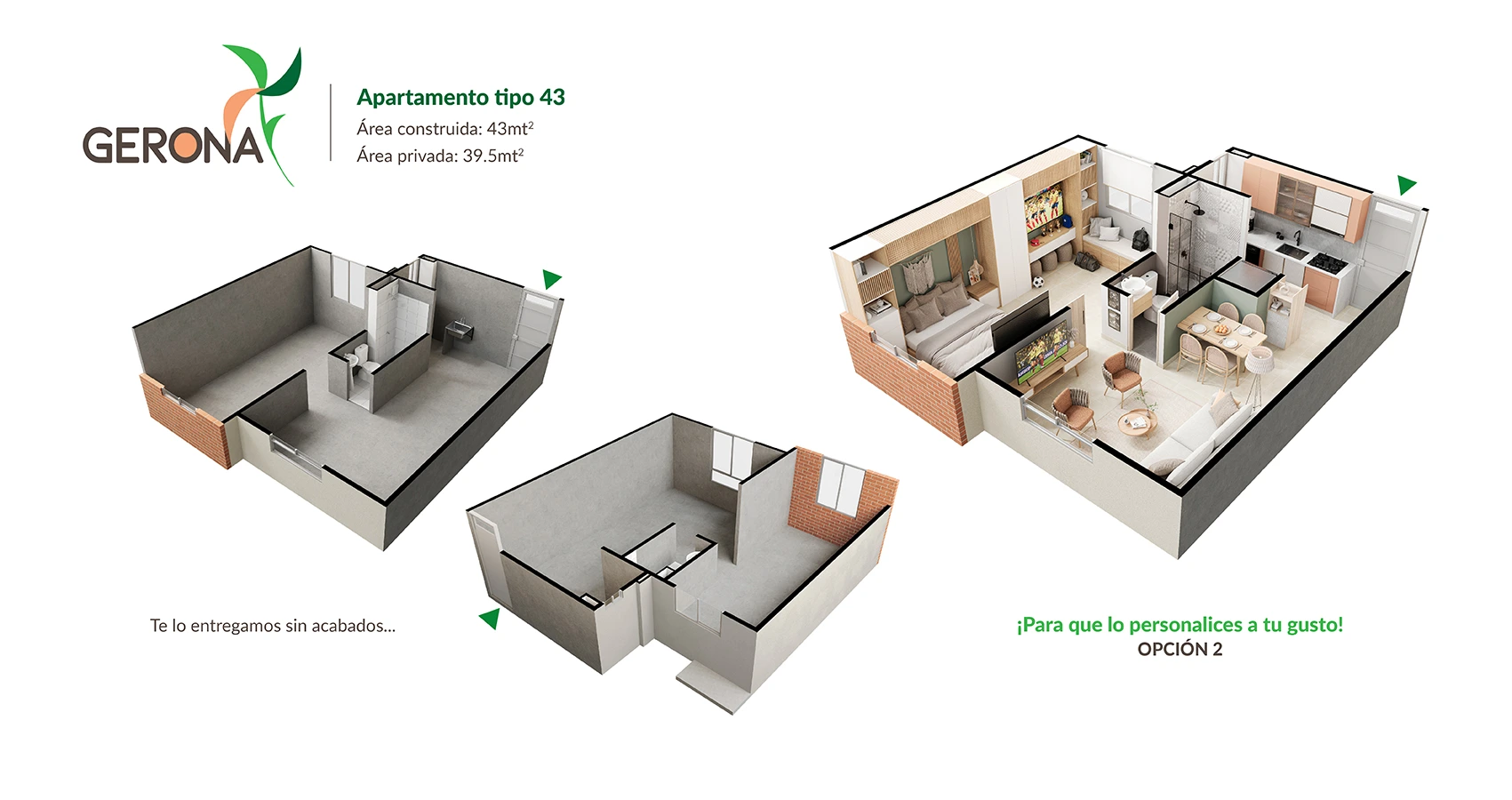 Axonometría del apartamento tipo 43 m² (2) - Gerona : Vista en detalle del diseño interior del apartamento.