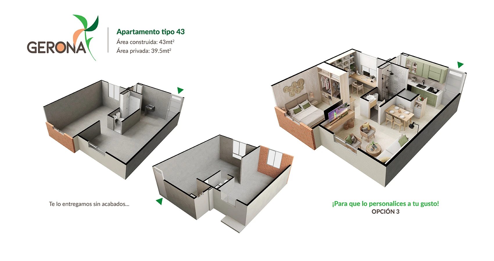 Axonometría del apartamento tipo 43 m² (3) - Gerona : Vista en detalle del diseño interior del apartamento.