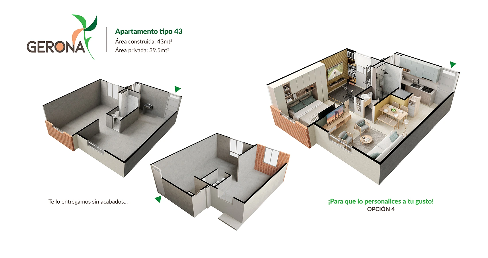 Axonometría del apartamento tipo 43 m² (4) - Gerona : Vista en detalle del diseño interior del apartamento.