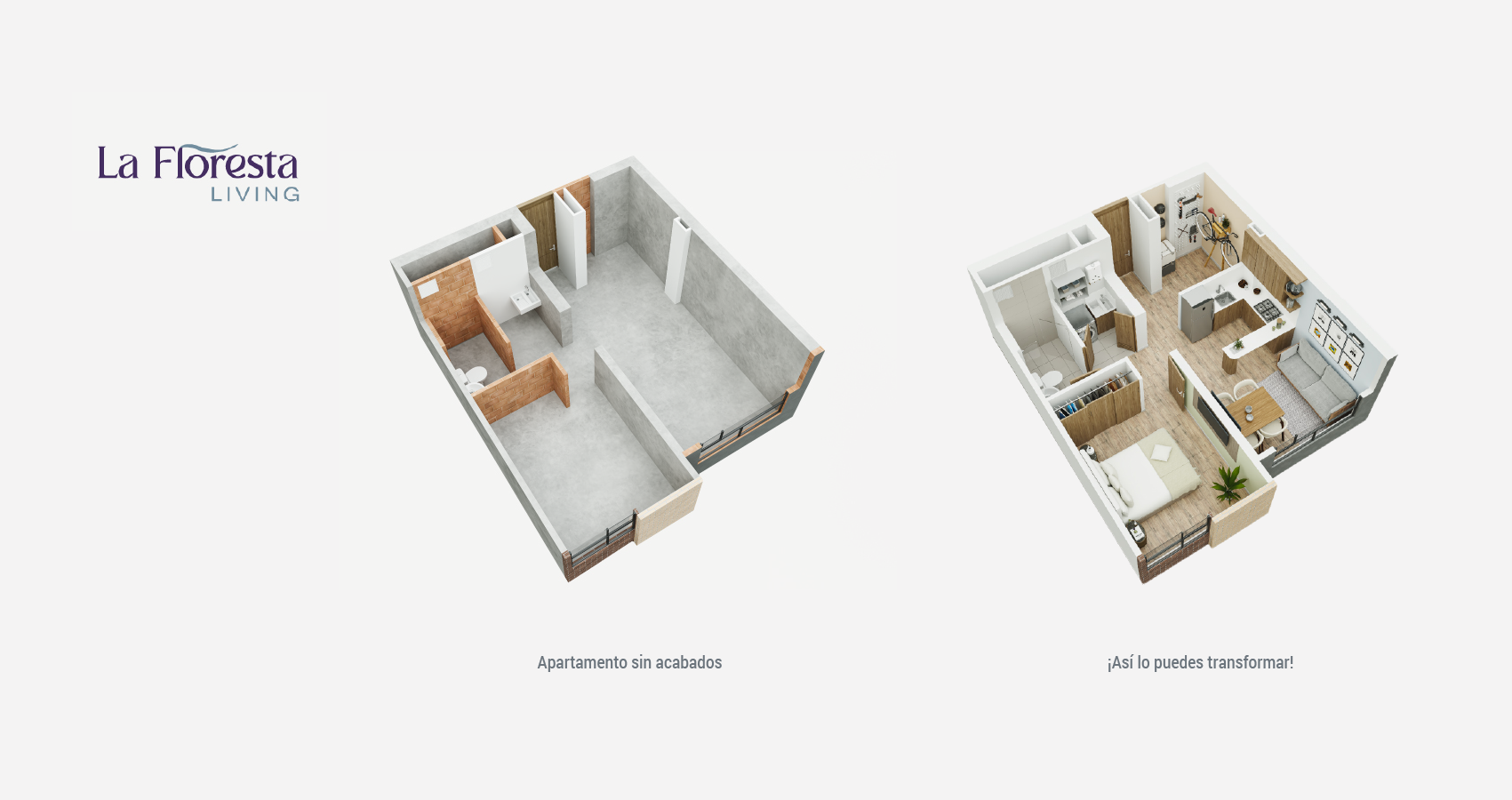 Axonometría con acabados del apartamento tipo 37 en La Floresta Living, Bogotá.