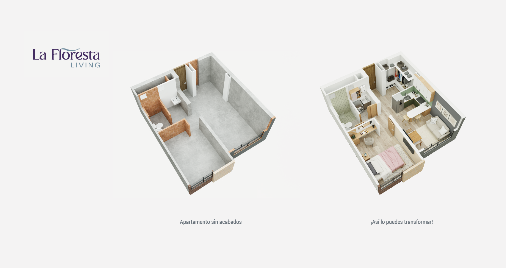 Axonometría con acabados del apartamento tipo 37 en La Floresta Living, Bogotá.