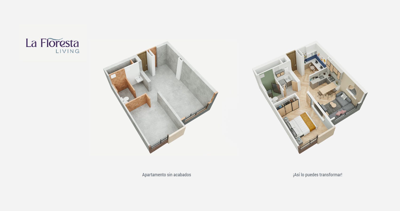 Axonometría con acabados del apartamento tipo 37 en La Floresta Living, Bogotá.