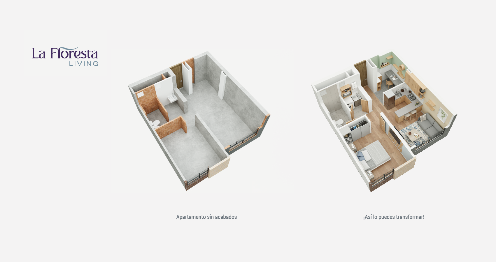 Axonometría con acabados del apartamento tipo 37 en La Floresta Living, Bogotá.