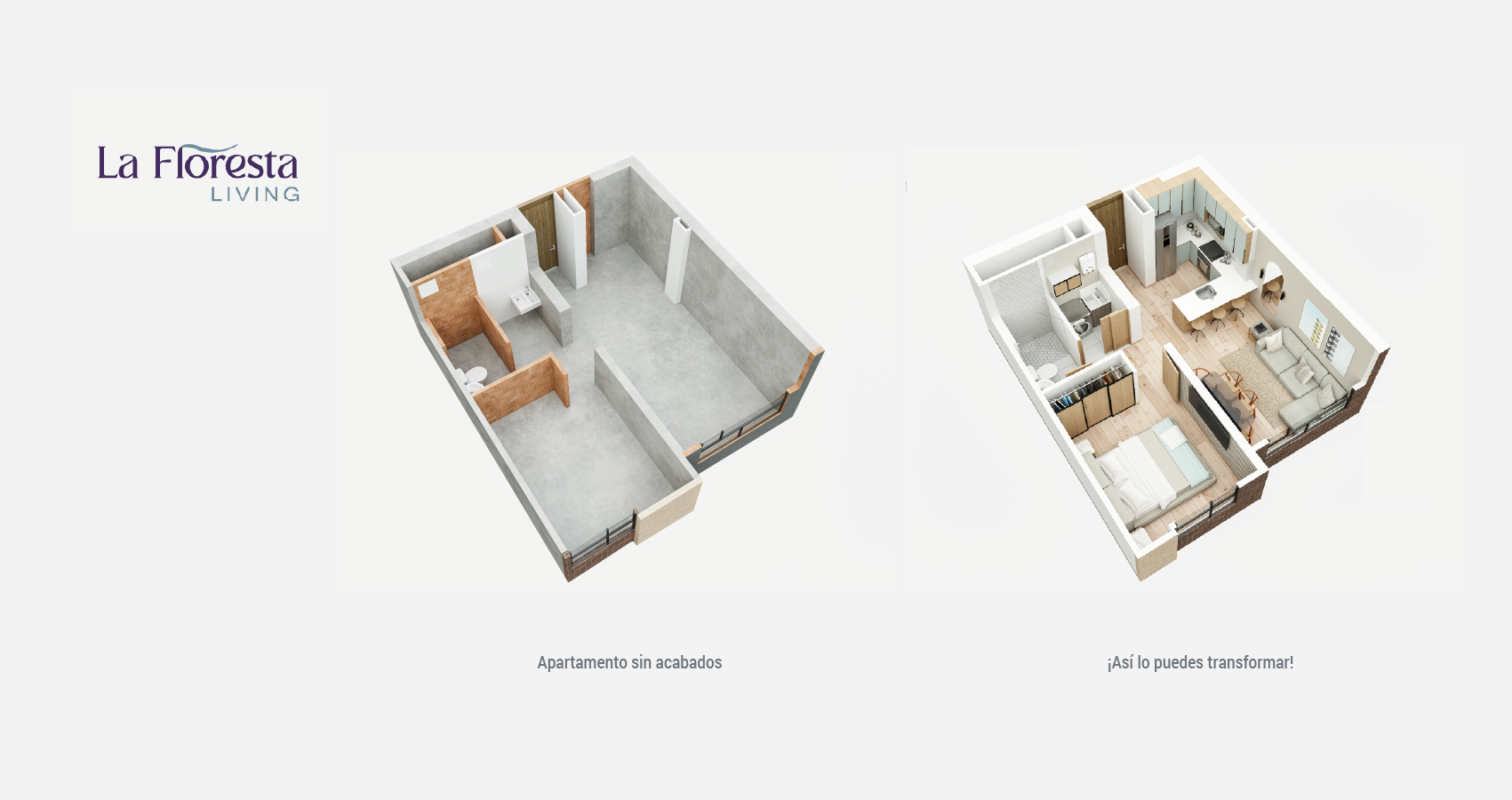 Axonometría con acabados del apartamento tipo 37 en La Floresta Living, Bogotá.