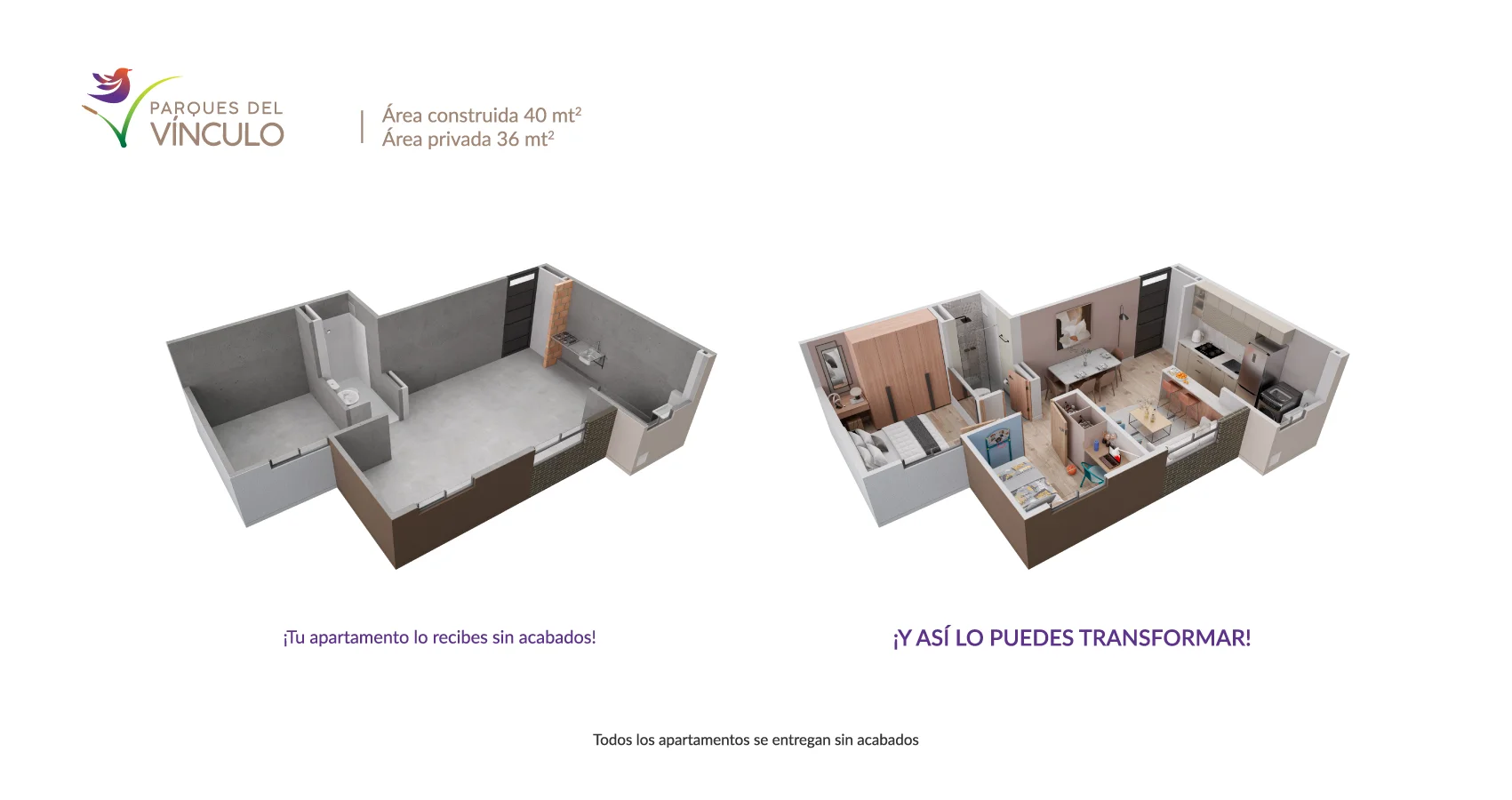 Axonometría del apto tipo 40 del proyecto Parques del vinculo