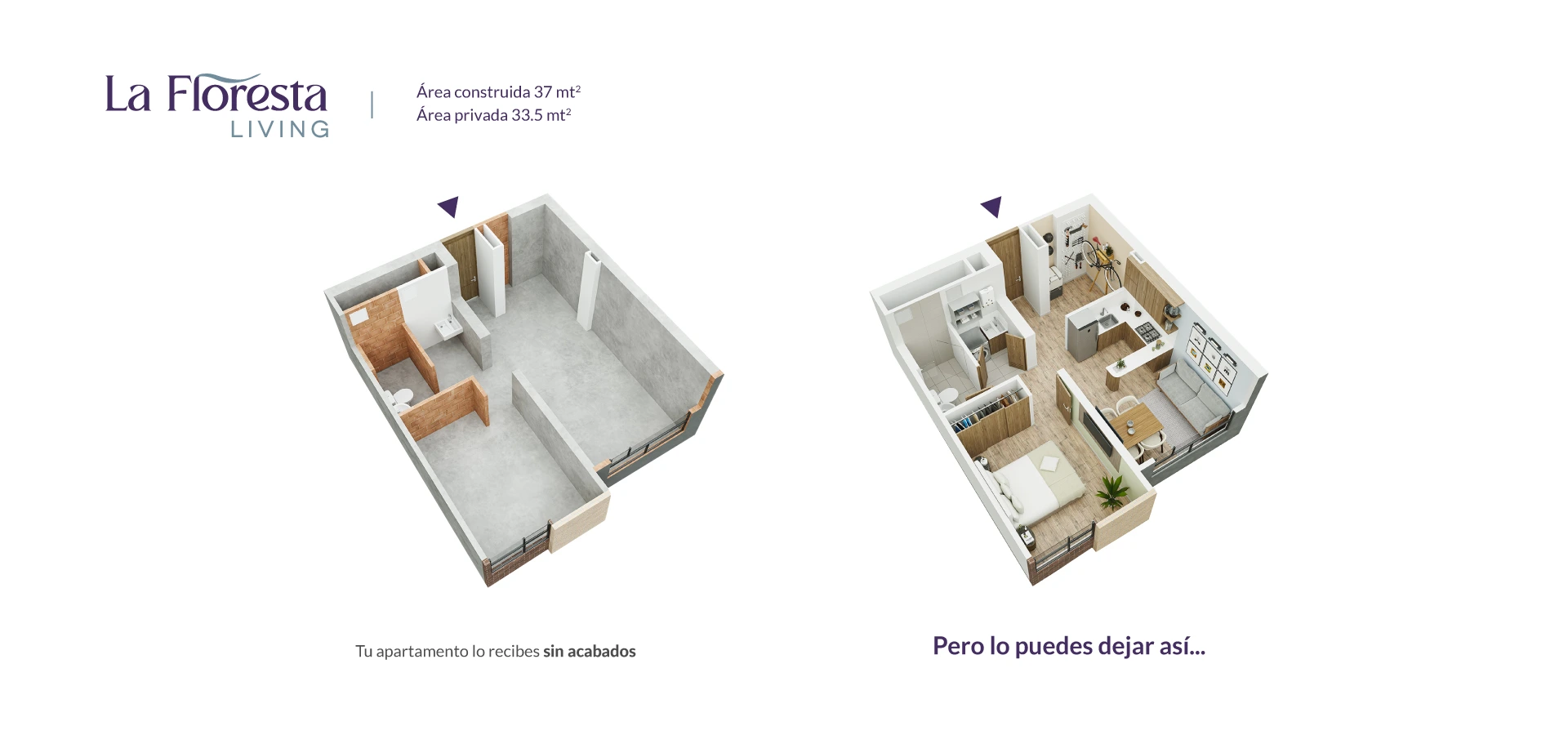 Axonometría con acabados del apartamento tipo 37 en La Floresta Living, Bogotá.