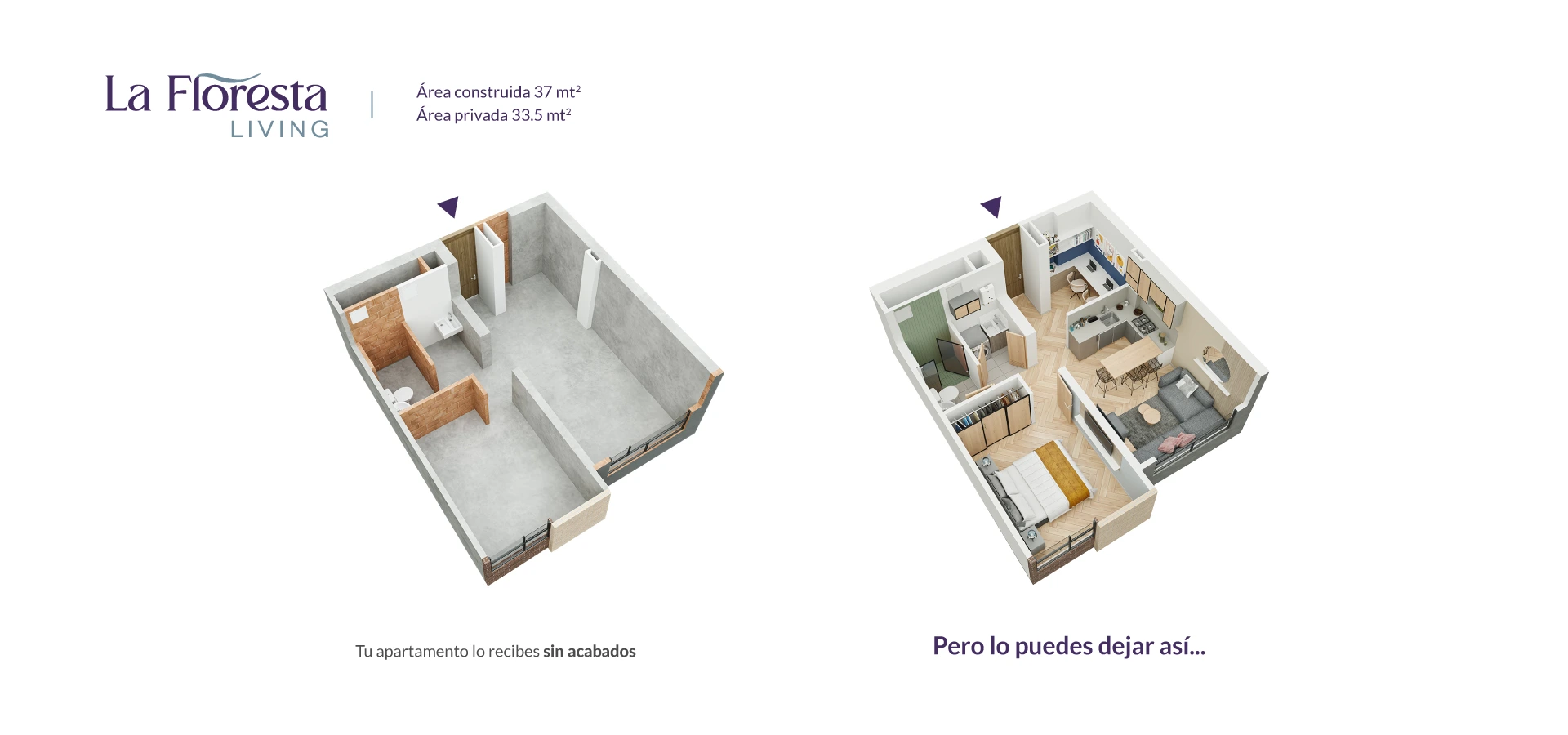 Axonometría con acabados del apartamento tipo 37 en La Floresta Living, Bogotá.