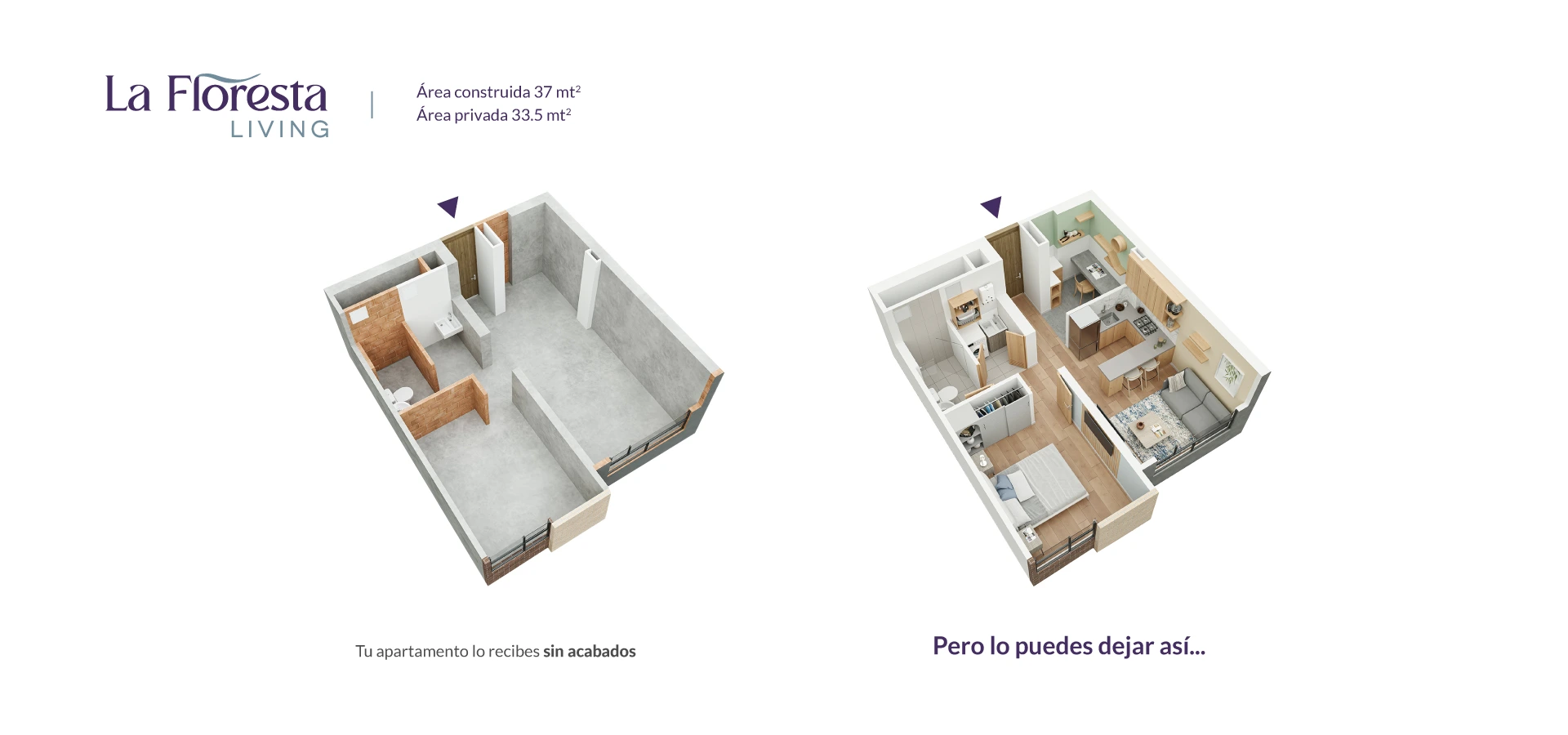 Axonometría con acabados del apartamento tipo 37 en La Floresta Living, Bogotá.