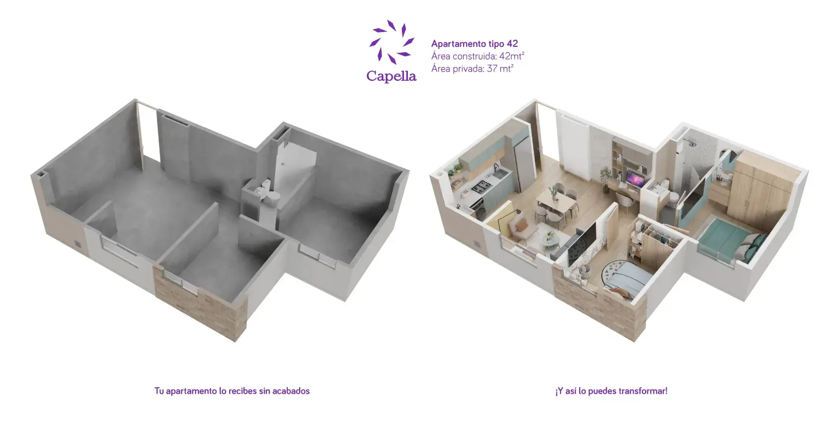 Axonometría del apartamento tipo 42 en el proyecto Capella en Bogotá, mostrando diseño y dimensiones