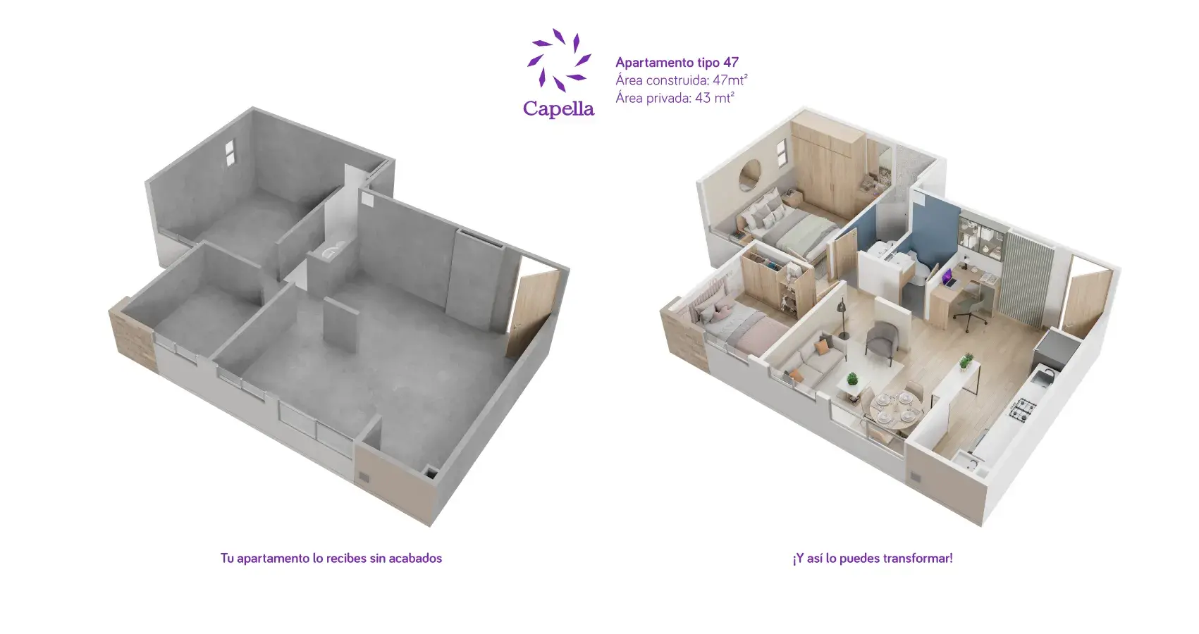 Axonometría del apartamento tipo 47 en el proyecto Capella en Bogotá, vista detallada del espacio