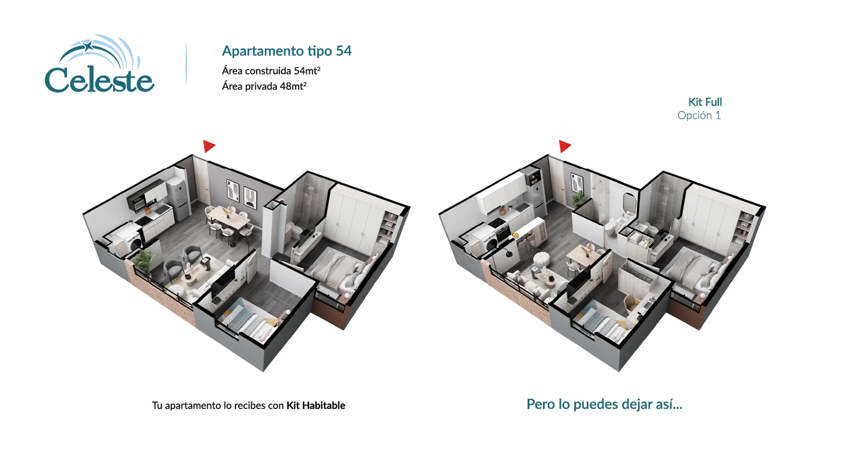 Axonometría del apto tipo 54 opción 1 del Proyecto Celeste