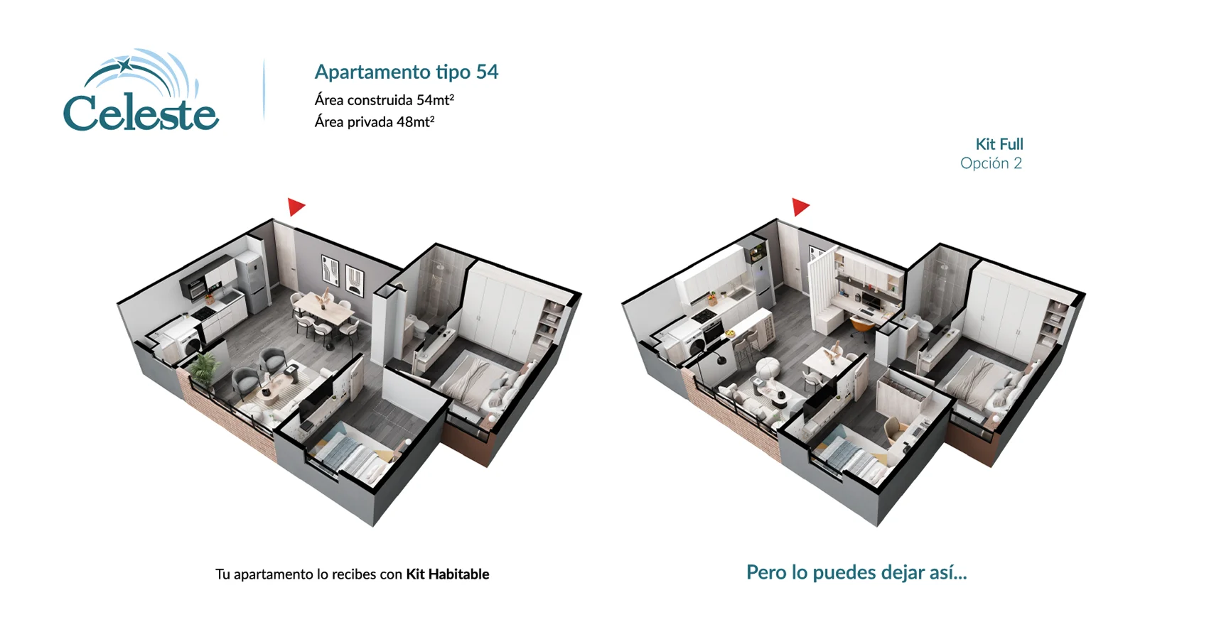 Axonometría del apto tipo 54 opción 2 del Proyecto Celeste