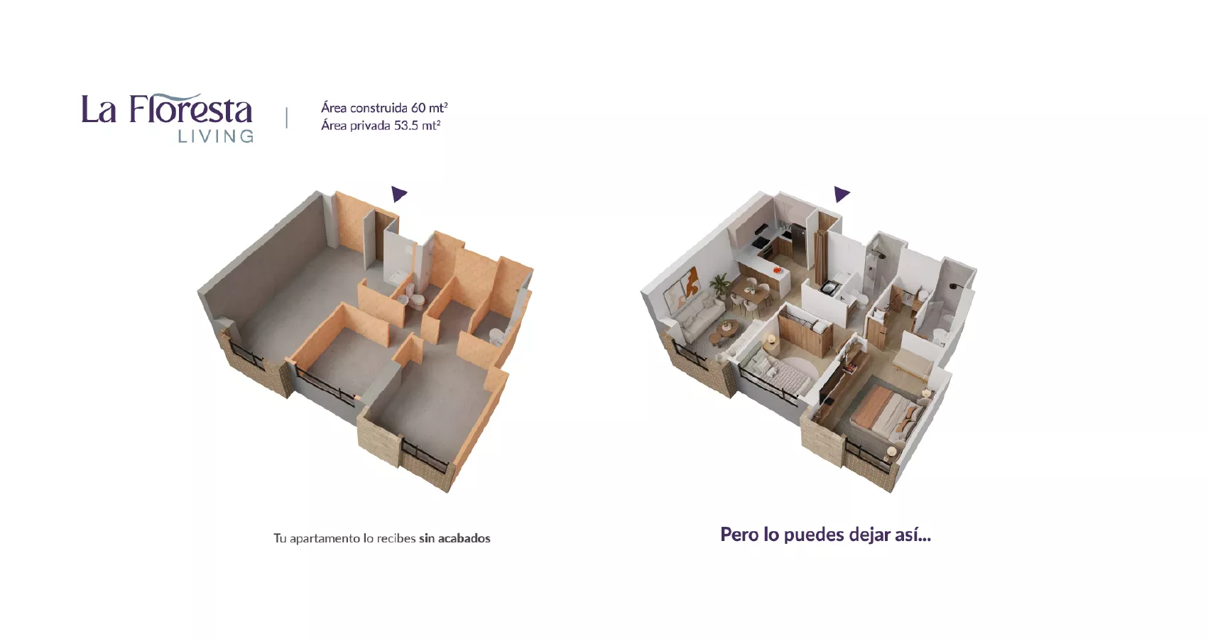 Axonometría del apto tipo 60 del Proyecto Floresta Living