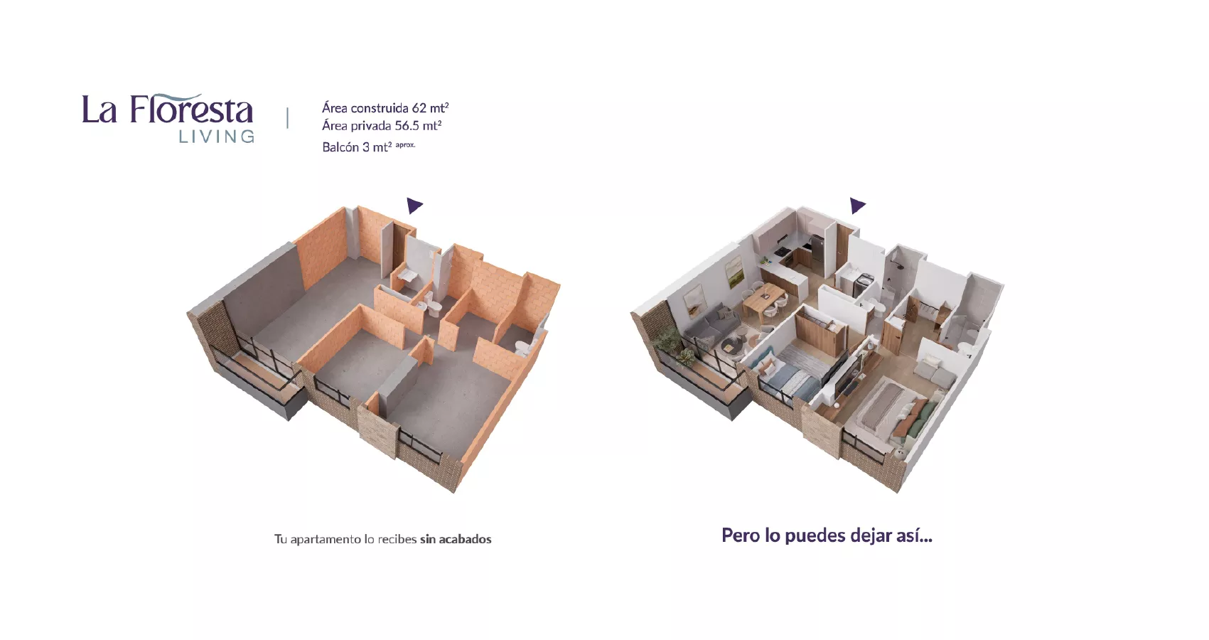 Axonometría apto tipo 62 del proyecto Floresta Living