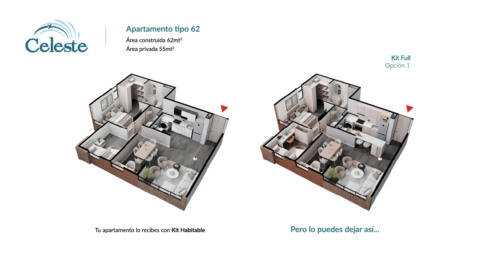 Axonometría del apto tipo 62 opción 1 del Proyecto Celeste