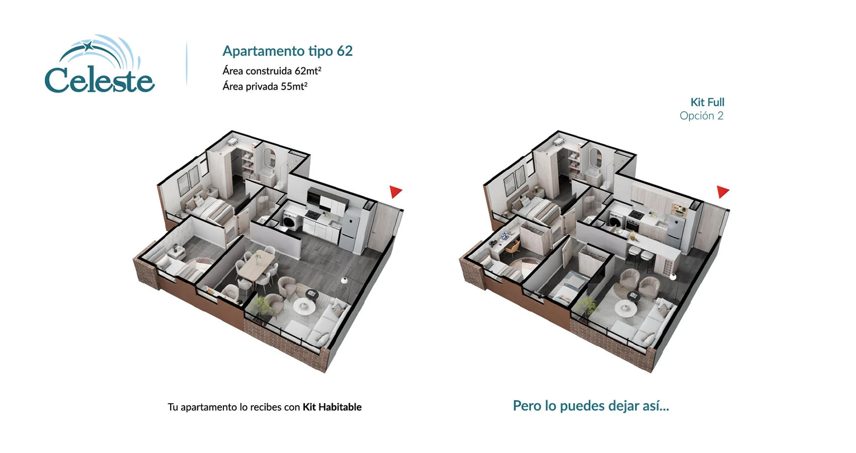 Axonometría del apto tipo 62 opción 2 del Proyecto Celeste