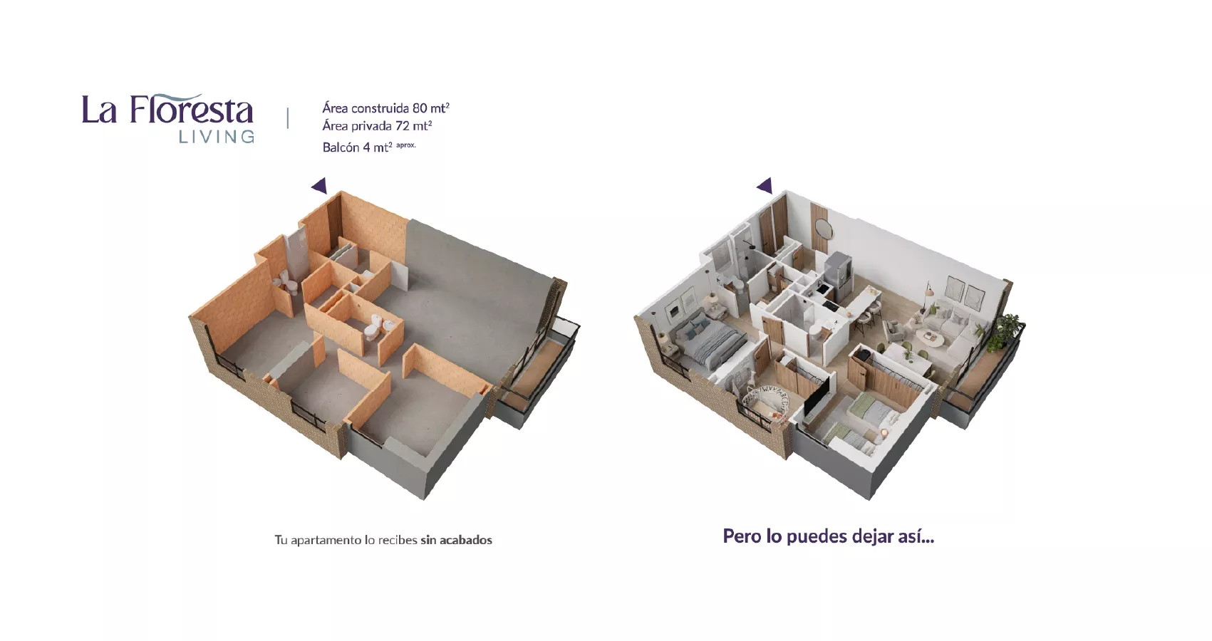 Axonometría del apto tipo 80 del Proyecto Floresta Living