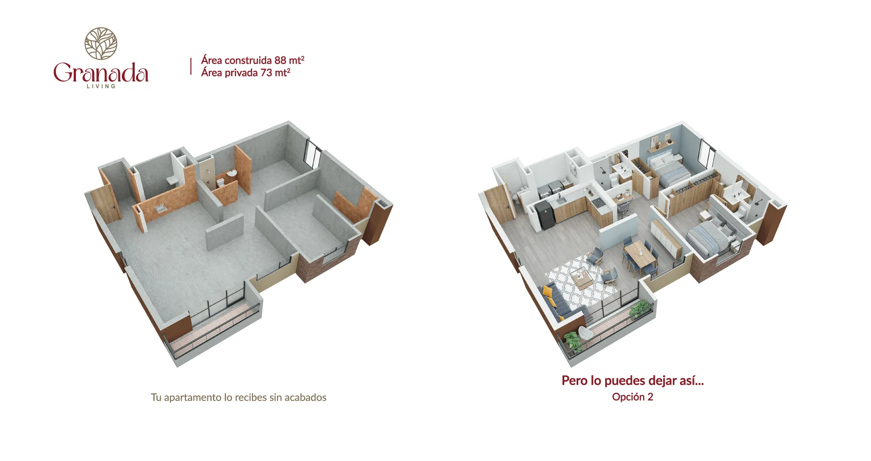 Axonometría apto tipo 88 opción 2 Proyecto Granada Living