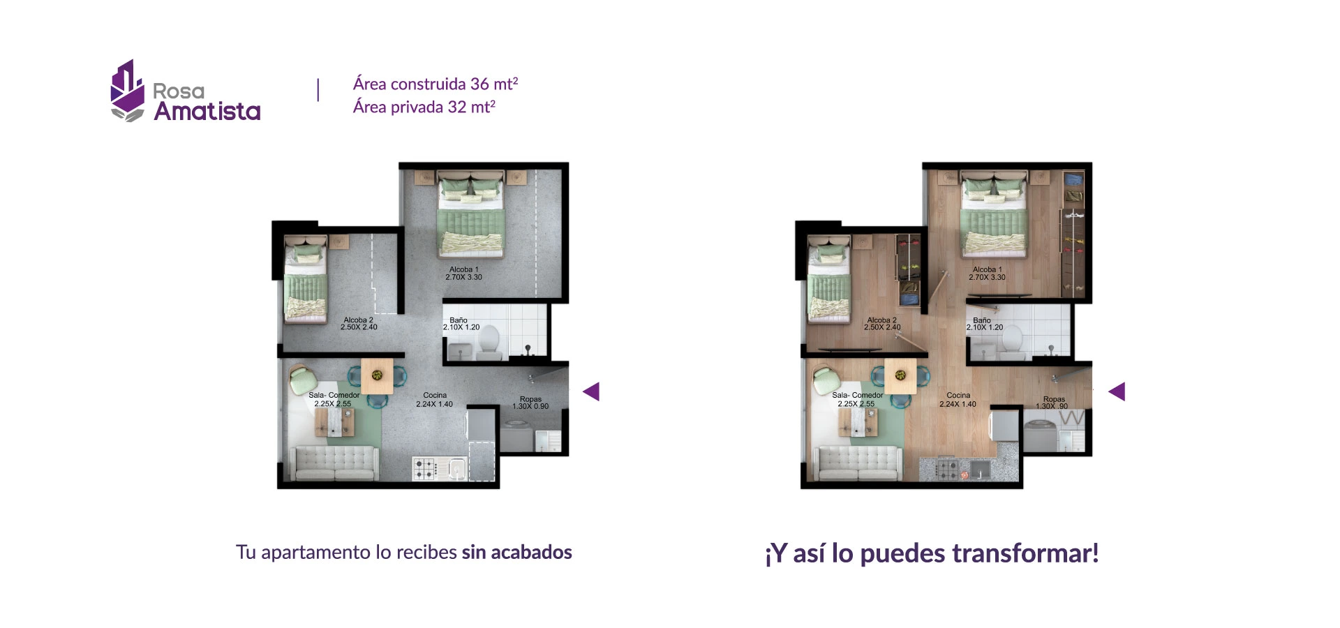 Apartamento tipo 36 del proyecto Rosa Amatista en Bogotá.