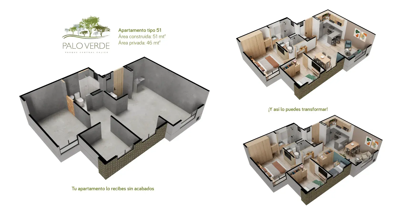 Axonometría del apartamento tipo 50 en Palo Verde, Cajicá, destacando el diseño en perspectiva.