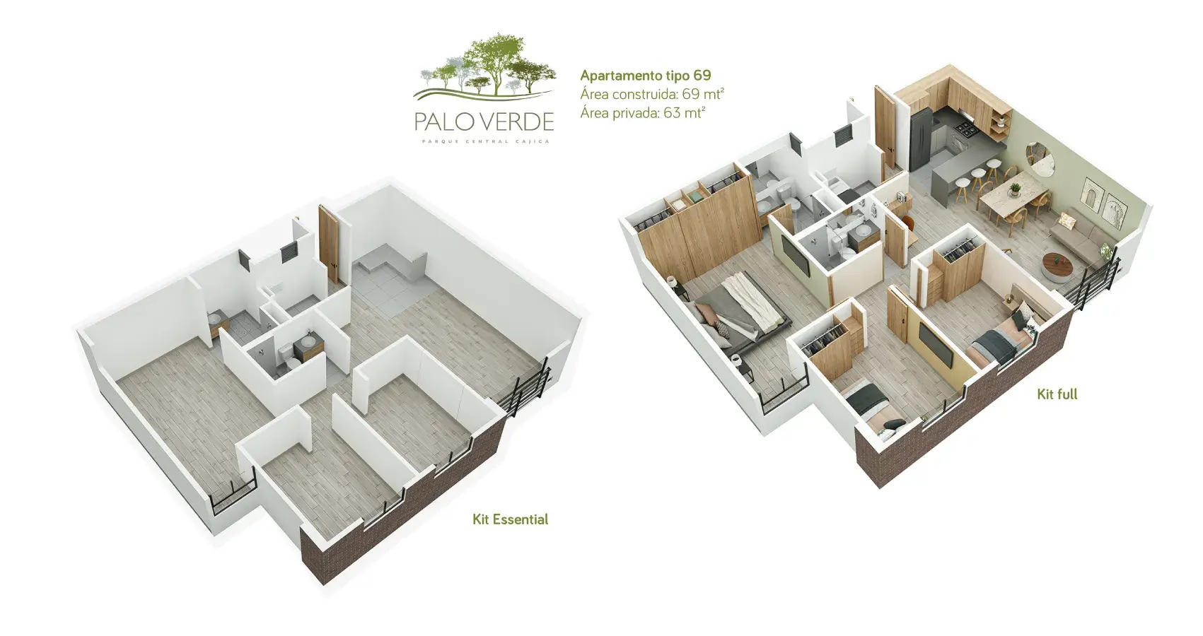 Axonometría del apartamento tipo 69 en Palo Verde, Cajicá, mostrando la distribución en perspectiva.