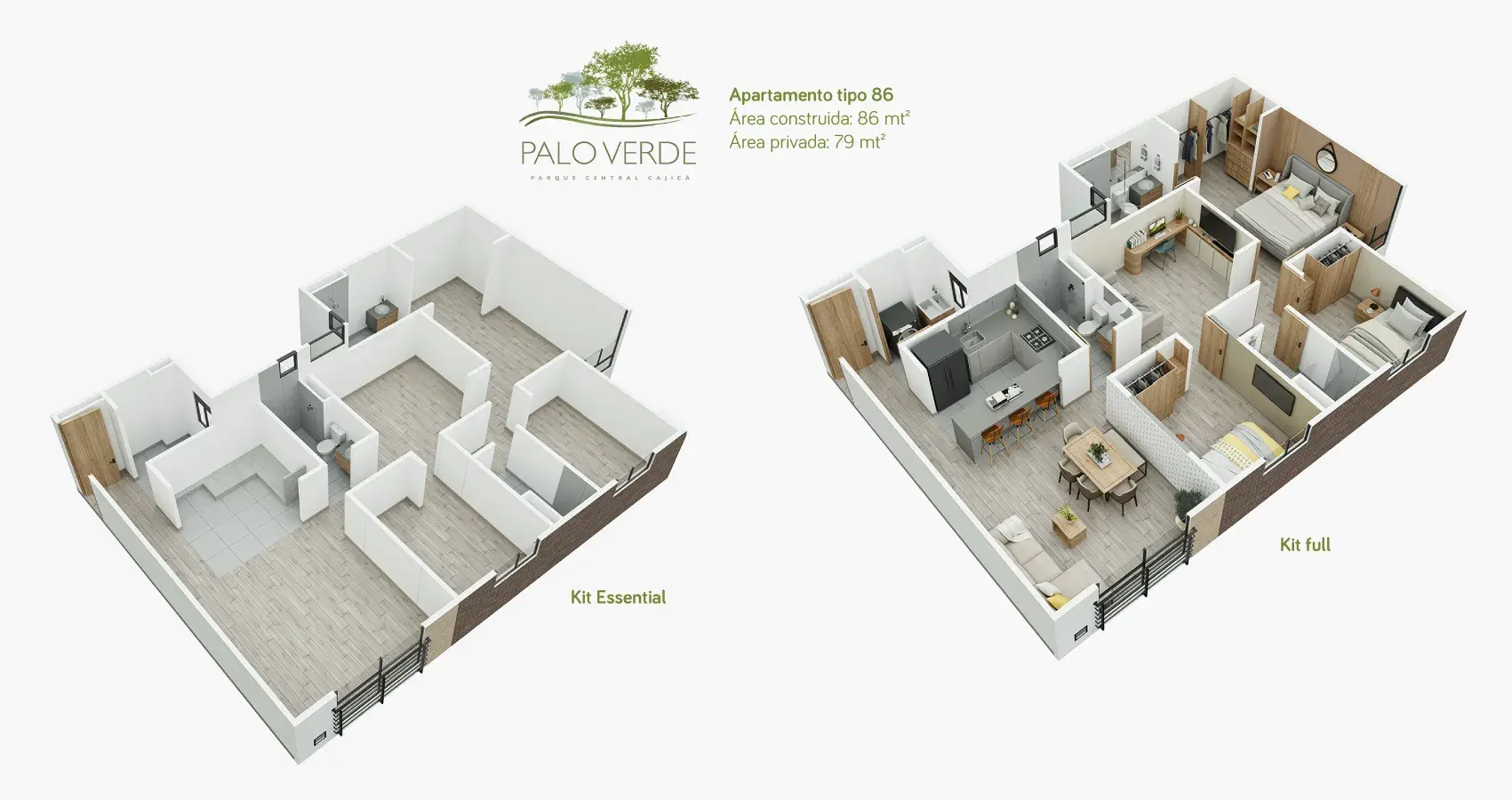 Axonometría del apartamento tipo 86 en Palo Verde, Cajicá, mostrando los espacios en una vista tridimensional.