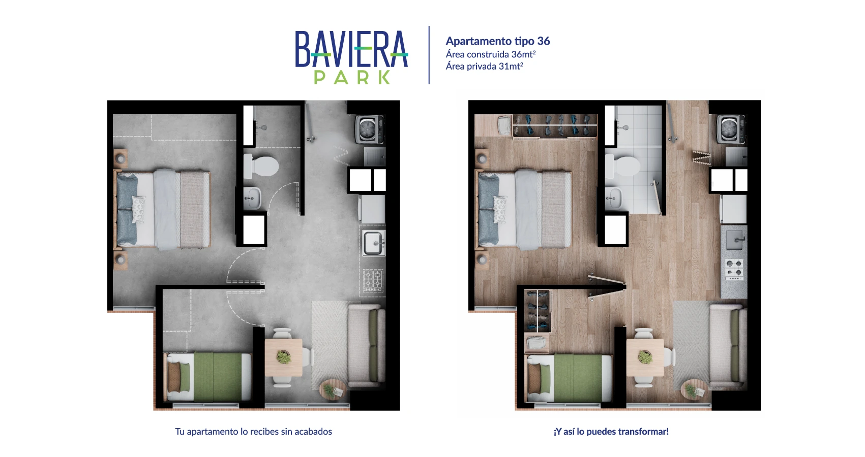 Tipología de apartamento tipo 36 Baviera Park, diseñado para un estilo de vida práctico.
