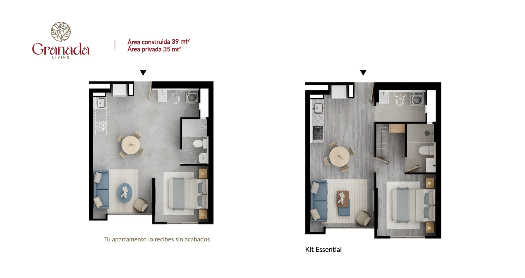 Axonometría del Apartamento Tipo 39 m2 Granada Living 