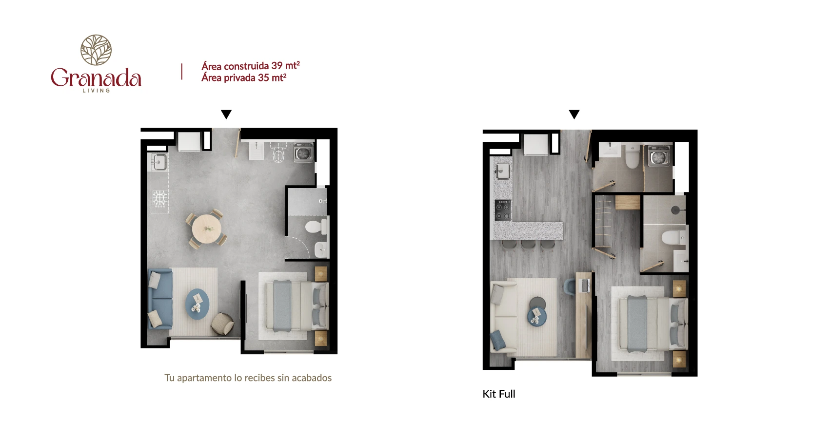 Axonometría del Apartamento Tipo 39 m2 Granada Living 